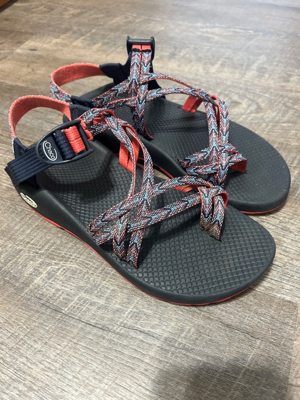 Chaco Black Sandals with Coral-Accented Multicolor Straps